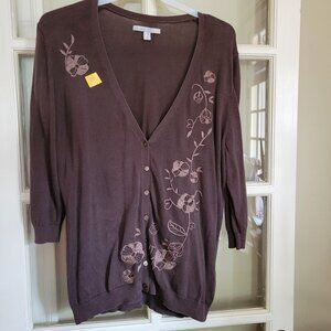 Womens sweater	2x	LS	Dark Brown Embroidered Cardigan with V neck,  featur